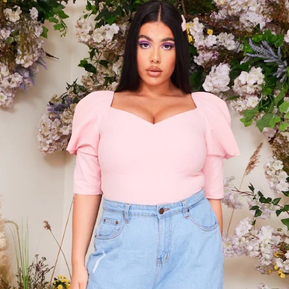 Pretty Little Thing Plus Dusty Pink Woven Puff Sleeve Bodysuit - Picture 2 of 11